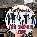 Halloween Horror Welcome Sign for Front Door, Horror Movie Characters Door Hanger Scary Halloween Decorations Wood Wreath Hanging Door Sign for Farmhouse Porch Wall Decor Outdoor