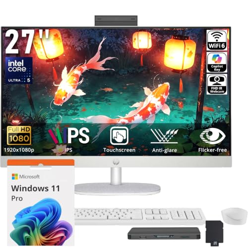 Image of HP 27 inch FHD Touchscreen All-in-One AI Desktop, Intel 12-core Ultra 5 225U, 16GB DDR5, 1.5TB Storage (512GB SSD+1TB Docking Station), FHD IR Camera, Wi-Fi 6, Wireless Keyboard & Mouse, Win 11 Pro, White