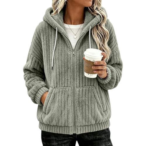 XOGWVJ Fleece Jackets for Women Hooded Sherpa Zip Up Warm Coat Textured Casual Fall Winter Sweatshirts Outerwear with Pockets Womens Bed Jacket Gray S - image 4