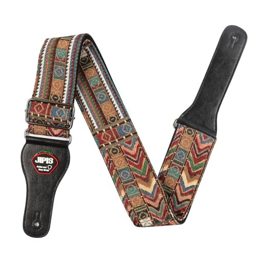 Cotton Guitar Strap for Acoustic Guitar Electric Bass Guitar Durable Vintage Printed Pattern Adjustable Length Belt with Genuine Leather Ends (JIPIS-Pattern 1)