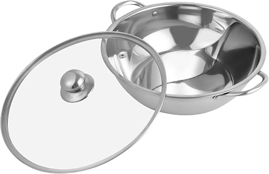 Stainless Steel Hot Pot 28 cm Cooking Pots with Divider Shabu Pot with Glass Lid Pot with 2 Chambers for Induction Hobs Gas Hobs Ceramic Hobs and Ovens