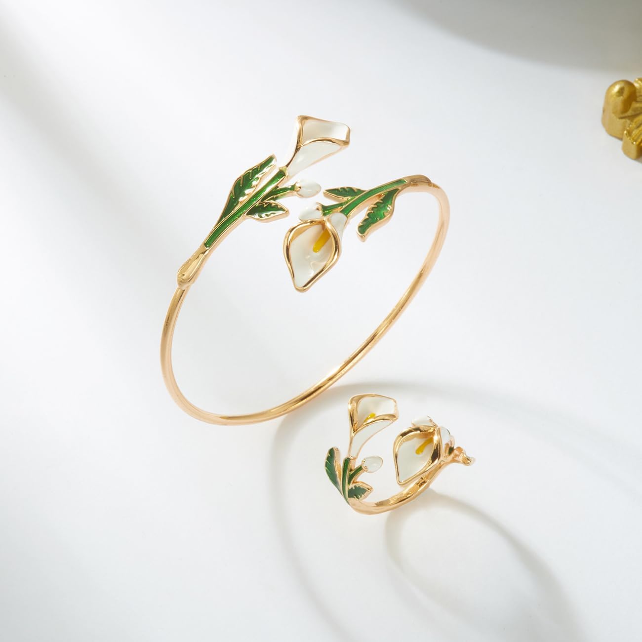Enamel Flower Cuff Bracelet &Ring Set for Women,Elegant Adjustable Camellia/Calla Lily/Daisy/Sunflower Leaf Open Bangle Ring Floral Jewelry Wedding Accessories