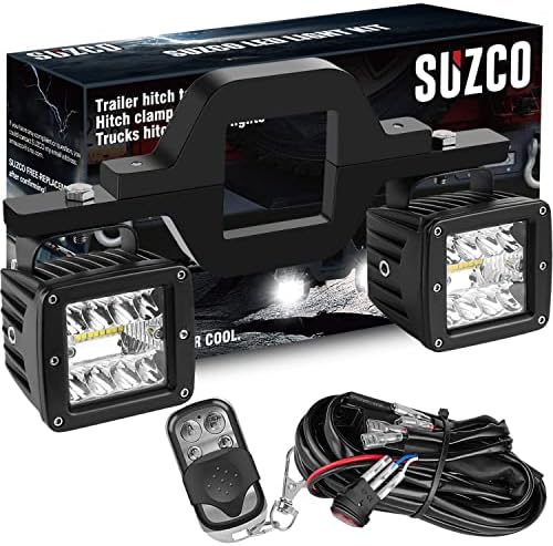 SUZCO 3" Tow Hitch LED Light Mounting Bracket Clamps Holder Kits【Upgraded 12FT】 Wiring Harness with Keychain Remote for Dual Receiver Backup Lights + 2-Pack 3" LED Pod Reverse Driving Work Lights