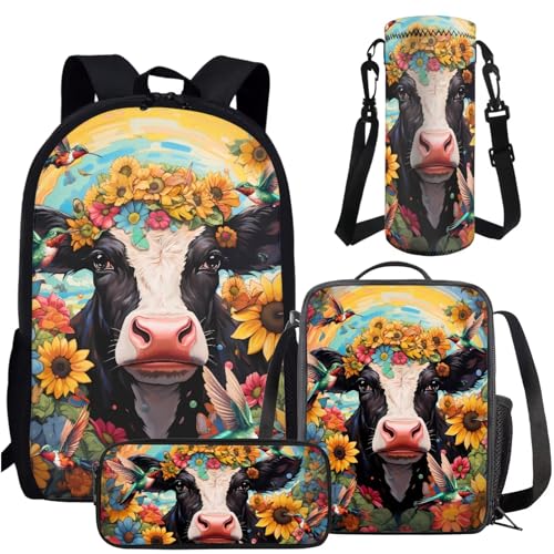 AmzPrint 4 In 1 Highland Cow Backpack Set For Girls Bookbag And Lunch Box Set For Elementary Middle School Backpack Set Of 4