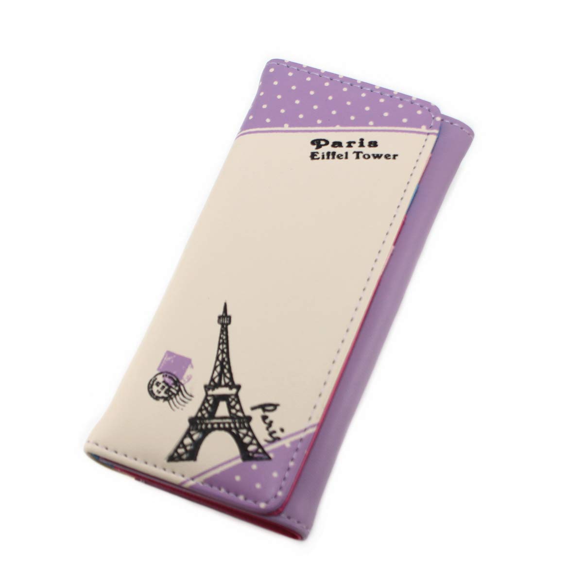 Paris Effiel Tower Cartoon PU Leather Wallet Cash Coin Long Purse Card Holder for Women & Girls (Lavender)