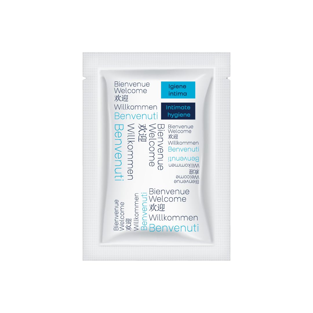 Kit Cortesia B&B Benvenuti Box con 8 Pezzi per 2 Persone Set Cortesia Bagno B&B con 2 Saponette, 2 Flacomi Doccia Shampoo, 1 Cuffia Doccia Monouso, 1 Set Vanity, 2 Bustine Igiene Intima (100)
