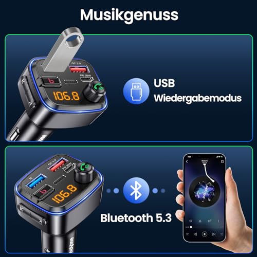 Gizmovine Bluetooth Adapter Auto, FM Transmitter mit HiFi Bass Sound & KFZ Freisprecheinrichtung, USB C QC PD 30W, 12 Volt Car Radio Zigarettenanzünder Stecker, Autoradio Adapter, MP3 Musik Player