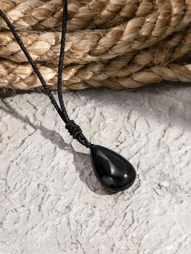 MINACHI Black Obsidian Teardrop Pendant Necklace with Braided Cord, Fashion Statement Jewelry Gift for Men and Women3