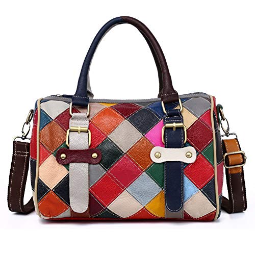 Women Multicolor Boston Tote Bag Genuine Leather Colorful Handbag Purse Hobo bag