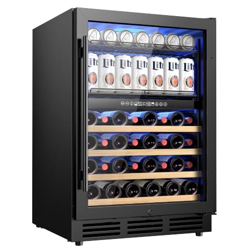 Image of 24 Inch Dual Zone Wine Fridge, Built-in or Freestanding, Black | 24 Inch, dual zone, 30 bottles & 63 cans, 40-65℉ digital temp control, UV-protected glass, quiet cooling, security lock, ETL