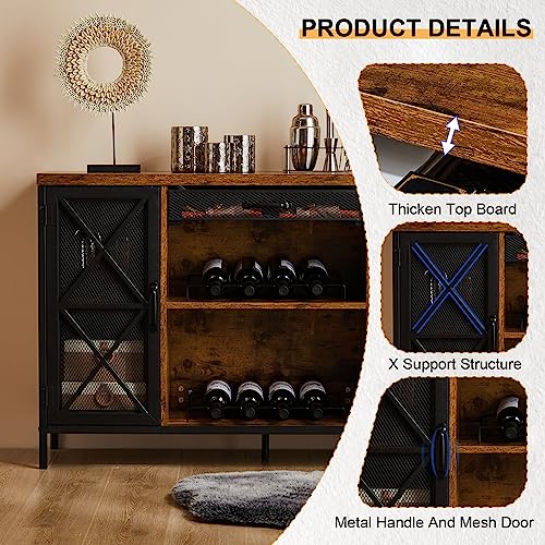 worldchoice Wine Bar Cabinet Wine Cabinet with Drawer Storage Coffee Bar Cabinet Sideboard Buffet Cabinet Retro Industrial for Liquor and Glasses, with Wine Rack and Glass Holder, Rustic Brown