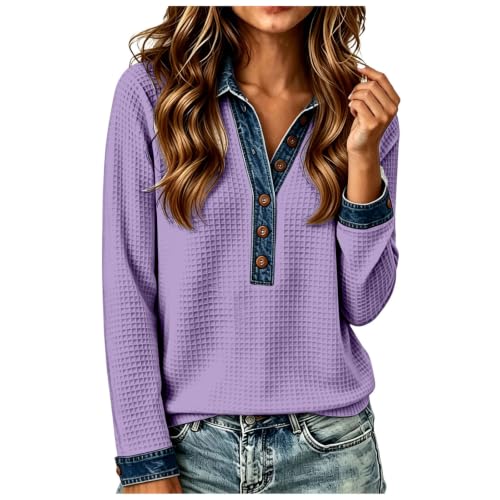 Waffle Knit Tops for Women Patchwork Sweater with Denim Collar - image 1