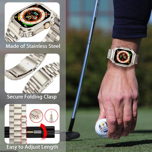 Image of MioHHR Stainless Steel Band and Case Compatible with Apple Watch Band 49mm | Men Metal Protective Bumper Cover with Straps for iWatch 49mm Series Ultra 3, Ultra 2, Ultra, Titanium Color