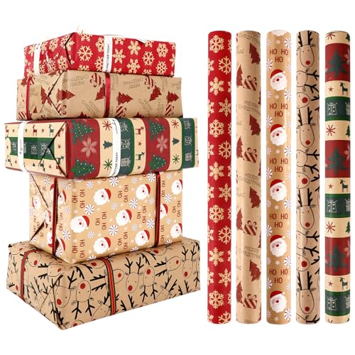 5 Rollen Weihnachts-Kraftgeschenkpapier, 43 cm x 3 Meter recycelbares Weihnachtsgeschenkpapier mit Druck von Santa Claus und Elch für Weihnachten, Geburtstag, Party-Geschenkdekoration