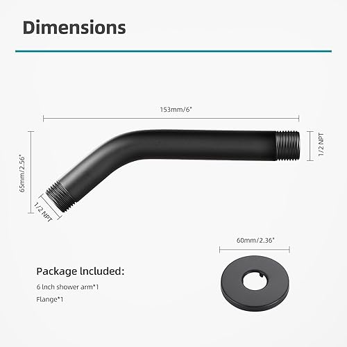 Miniatura 5 de Cobbe Brazo de ducha con brida y cinta de teflón, extensión de brazo de ducha de 6 pulgadas para cabezal de ducha fijo, negro mate