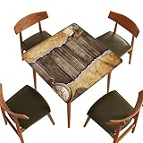 Square Wood Grain Fitted Tablecloth, Old Map Compass Washable Polyester Table Clothes, Fits 36x36 in