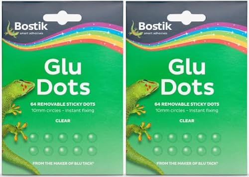 2 x Bostik Glue Dots Extra Strong Removable – Clear Adhesive Dots Crafts, Photos, Decorations, Office Use, Mess-Free, Instant Bond – 64 Per Pack, Double-Sided Sticky Dots, Easy Application - 128 Dots