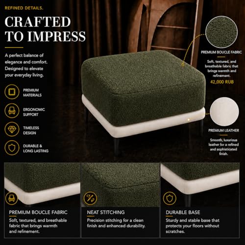 Image of Modern Upholstered Ottoman Stool | Solid Wood Base & Metal Legs | Premium Puffy Footrest Bench for Living Room, Bedroom & Lounge