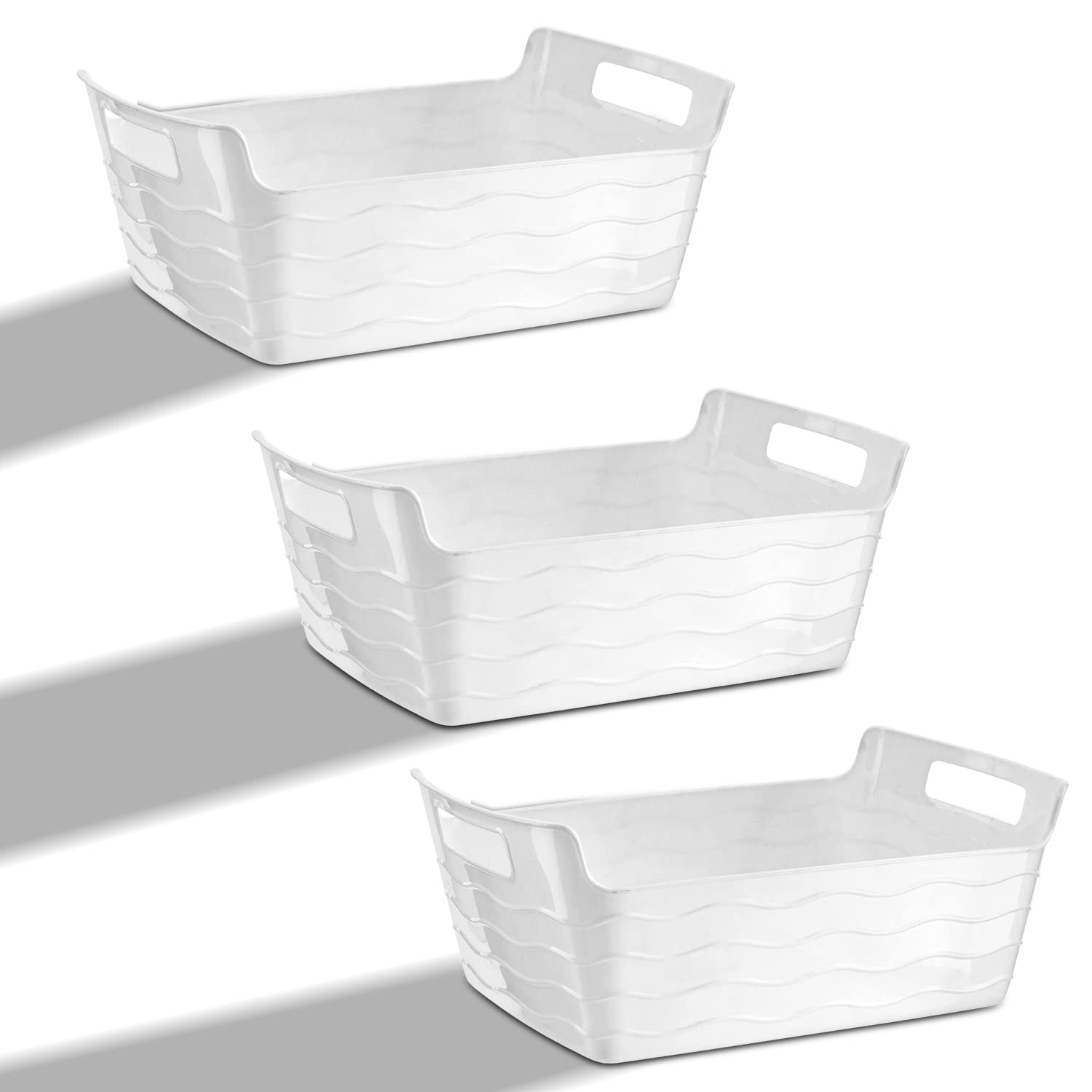 Homeshopa Plastic Storage Baskets with Handle, Rectangular Kitchen Organiser Storage Box, Strong Durable Stylish Plastic Storage Bin for Home Kitchen Pantry, Bathroom, Food, Toy Organizing (Pack of 3)