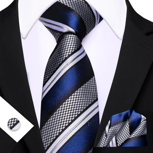 Image of Barry.Wang Mens Tie Set Plaid Check Neckties Formal Business Wedding Luxury Pocket Square Cufflinks