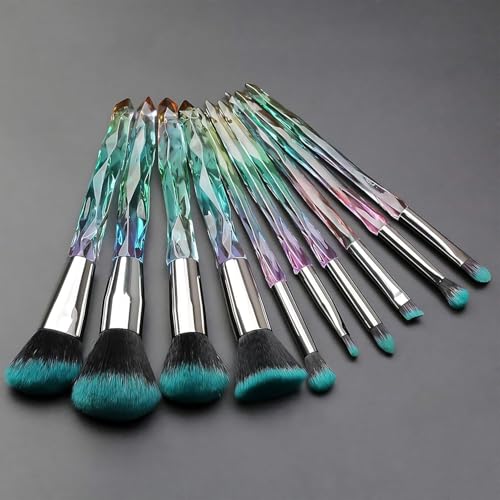 Image of Crystal Makeup Brush Set - 10 Piece Premium Synthetic Brushes with Iridescent Handles & Teal Bristles for Foundation, Blush, Eyeshadow, and Highlight - Professional Cosmetic Brushes Kit for Women & Girls