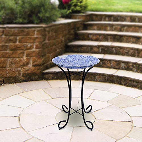 Alpine Corporation Hmd102A Alpine Corporaiton 18" Blue Swirl Mosaic Glass Metal Stand Birdbath #TOP1