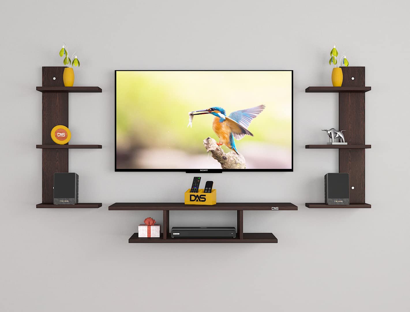 DAS Dexter Pro Max Wall Mount TV Entertainment Unit/with Set Top Box Stand with Wall Shelf Display Rack for Living Room Black & Flowery Wenge (Ideal for up to 43") Screen-image-48