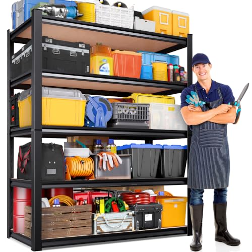 Image of 71 inch H x 46 inch W x 18 inch D Garage Shelving Unit, 2050LBS Heavy Duty Metal Storage Shelves, 5 Tier Adjustable Utility Steel Rack, Freestanding Organizer for Warehouse, Pantry, Basement, Shop Black