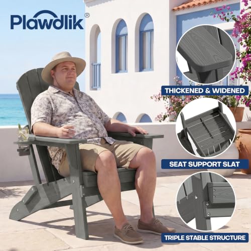 Image of Plawdlik Folding Adirondack Chair 9-piece Set, Cup Holder, Gray | pin-free folding, 38-in tall back, Wood-grain All-weather HDPE; for fire pit, poolside, deck, backyard, patio