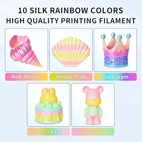 Image of RAMBERY Silk Rainbow PLA 3D Printer Filament Bundle, 10 Colors Total 10kg, 1.75mm Multicolor Gradient 3D Printing Filament for Most FDM 3D Printers, 1KG Spool (2.2lbs) x 10 PCS