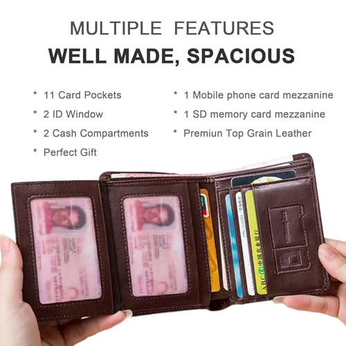 Veryrich Men's Wallets, Mens RFID Blocking Trifold Wallet Soft Genuine Leather Purse | Secure and Durable Extra Capacity Billfold with 11 Credit Cards (Vintage Coffee)2