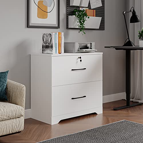 2 Drawer File Cabinet With Lock, Wooden Lateral Storage Home Office Filing Cabinet With Anti-Tilt Mechanism With 8 Hanging Bars For Letter/Legal Size (White) #TOP3