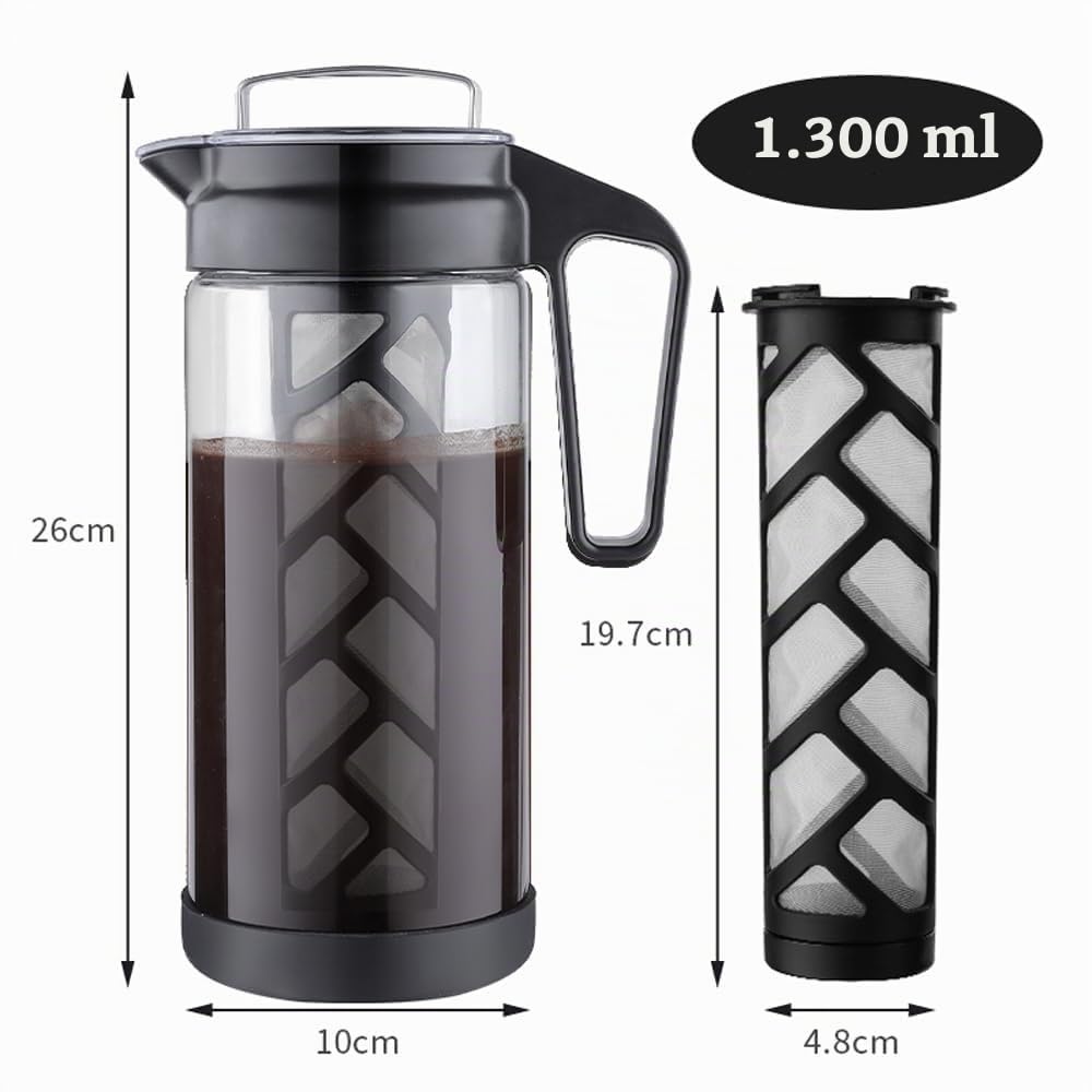wedrink Cafetera de infusión en frío de 1,3 litros de vidrio de borosilicato, tetera para té helado, filtro de acero inoxidable y base de silicona antideslizante para preparar té y café