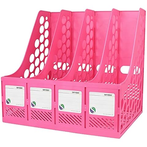 SAYEEC Sturdy Desktop Triplicate Magazine Plastic Holders Frames File Dividers Document Cabinet Rack Display and Storage Organiser Box (Pink-Triplicate) Cover