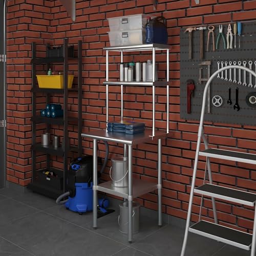 Image of AmGood Stainless Steel Work Table with 12 inch Wide Double Tier Overshelf | Metal Kitchen Prep Table & Shelving Combo | NSF (Stainless Steel Table with Double Overshelves, 24 inch Long x 24 inch Deep)