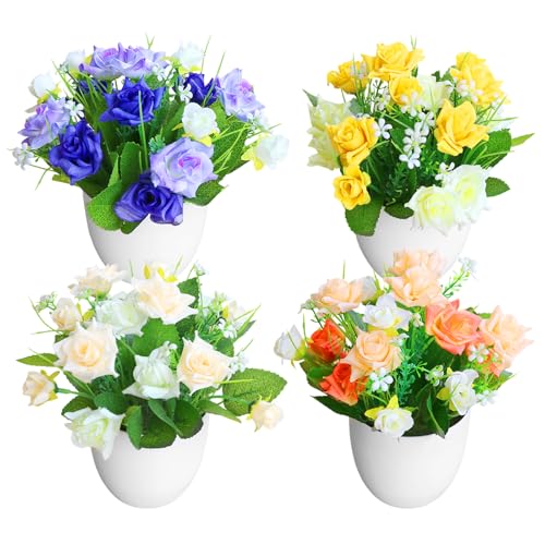 4 Piezas Plantas Artificiales Pequeñas Falsas Rosas Flores Artificiales Decoración Mini Plantas Artificiales Decorativas Verde con Macetas Plásticos para Decoracion Mesa Interior Hogar Oficina