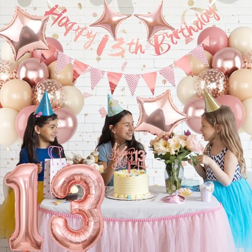 Image of 13th Birthday Decorations for Girls, Retro Pink Number 13 Balloon Set Happy 13th Birthday Banner Cake Topper Dusty Pink Beige Nude Rosegold Star Balloons for Boho 13 Year Old Bday Party Decoration