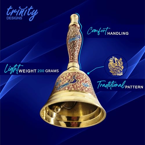 Image of Trinity Designs 7 Inch Brass Ghanti Pooja Bell - Indian Traditional Carving, Premium Feel - Meditation Bell for Home Temple - Brass Hand Bell for Puja Items