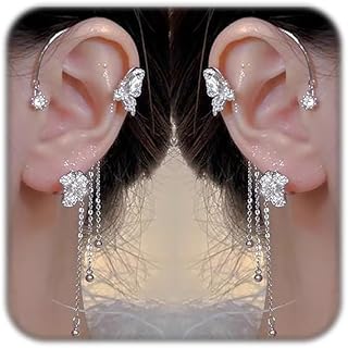 バタフライイヤーカフイヤリング ゴールドシルバー バタフライジルコンイヤリング レディース ピアスなし バタフライタッセルチェーン ラインストーン ダングルイヤリング ブライダル ウェディング クライマー イヤーラップ プロム ジュエリーギフト 2個