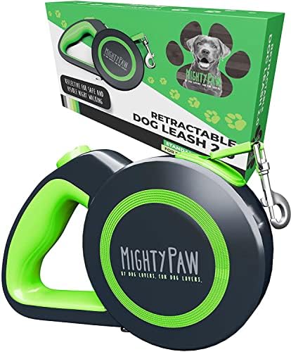 Mighty Paw Retractable Dog Leash 2.0 | 16 Heavy Duty Reflective Nylon Tape Lead for Pets Up to 110 LBS. Tangle Free Design W/ One Touch Quick-Lock Braking System & Anti-Slip Handle. (Green/Standard)