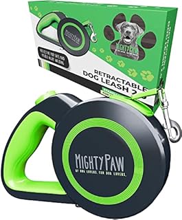 Mighty Paw Retractable Dog Leash 2.0 | 16 Heavy Duty Reflective Nylon Tape Lead for Pets Up to 110 LBS. Tangle Free Design W/ One Touch Quick-Lock Braking System & Anti-Slip Handle. (Green/Standard)