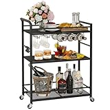 YAUKTAK Carrito Auxiliar con Ruedas Bar Carro Cocina con Gläserablage y Estante para Vino Metal Mini Bar Mesa Auxiliar Cocina Estante de Vidrio Negra Tres Niveles Mesa Auxiliar Cocina GBC507B