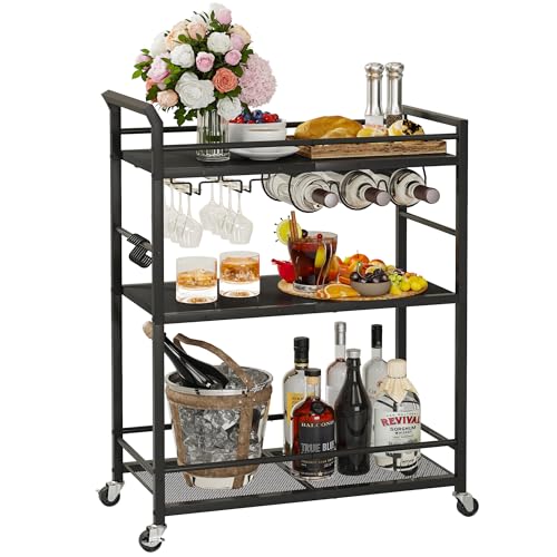 Image of 3 Tier Bar Cart, Small Beverage Cart, Mini Bar Cart with Wine Rack, Home Bar Serving Cart with Wheels for Kitchen Dining Living Room (Black, General) GBC507B