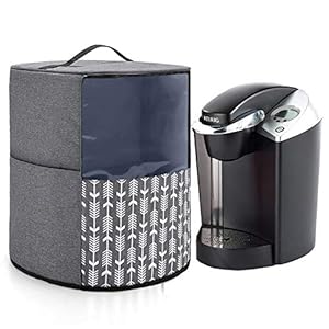 Yarwo Coffee Maker Dust Cover Compatible with Keurig K-Classic and K-Select, Visible Coffee Machine Cover with Pockets and Top Handle, Gray with Arrow