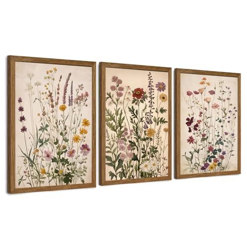 AVECCO Vintage Color Wildflower Canvas 3 Pieces Wall Art, Nature