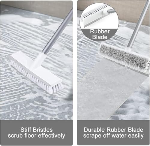 Image of Premium Heavy-Duty Floor Scrub Brush with Squeegee - Stainless Steel Handle & Nylon Bristles for Tile, Bathroom, and Hard Surface Cleaning