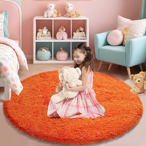 Orange Fluffy Round Rug,Soft Area Rugs for Girls Room,Shaggy Rugs 5'X5' for Living Room,Non Slip Circle Rug for Kids Bedroom,Shag Plush Nursery Carpets,Fuzzy Plush Rug for Dorm,Cute Room Decor Carpet