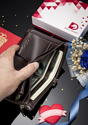 Image of Mens Wallet with Chain Genuine Leather Purse RFID Blocking Bifold Double Zipper Coin Pocket with Anti-Theft Chain
