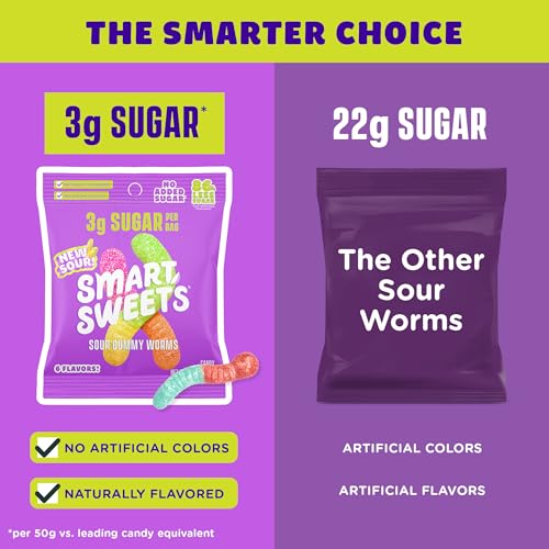 Image of SmartSweets Sour Gummy Worms, Gluten Free Gummies, Healthy Snack-Adults & Kids, Fun Chewy Candy,Low Calorie,Low Sugar,Fruit Flavored Snack,No Artificial Sweeteners, 50g Bags, 1.76 Ounce (Pack of 84)