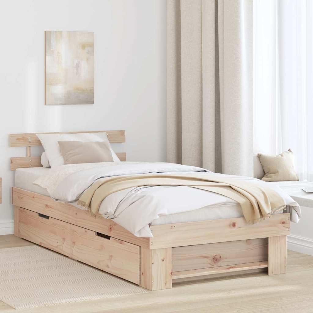 YUTAASU Bettrahmen mit Kopfteil Natur 75 x 190 cm Massives Kiefernholz | Mit Lattenrost, 2 Schubladen, Betthöhe 31 cm, Stabile Konstruktion, Einfache Reinigung
